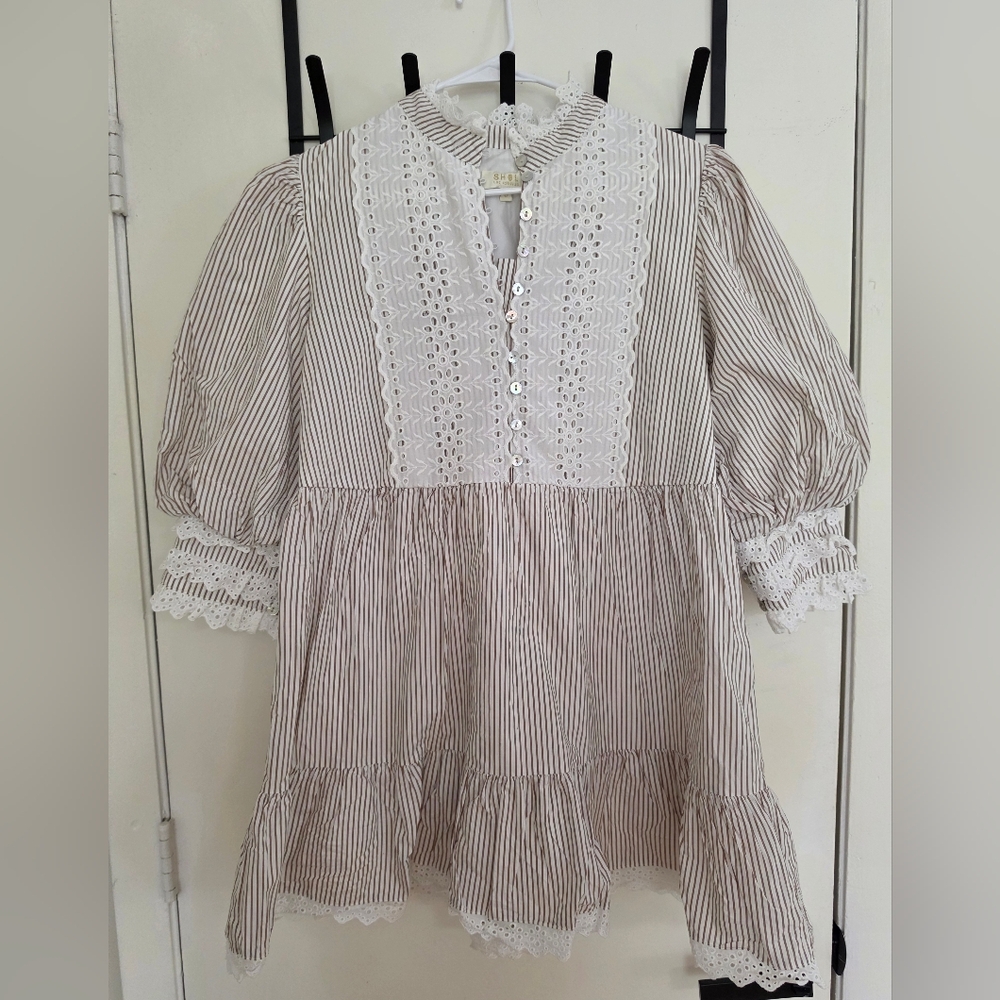 Eyelet Bib Striped Peasant Blouse - White & Taupe